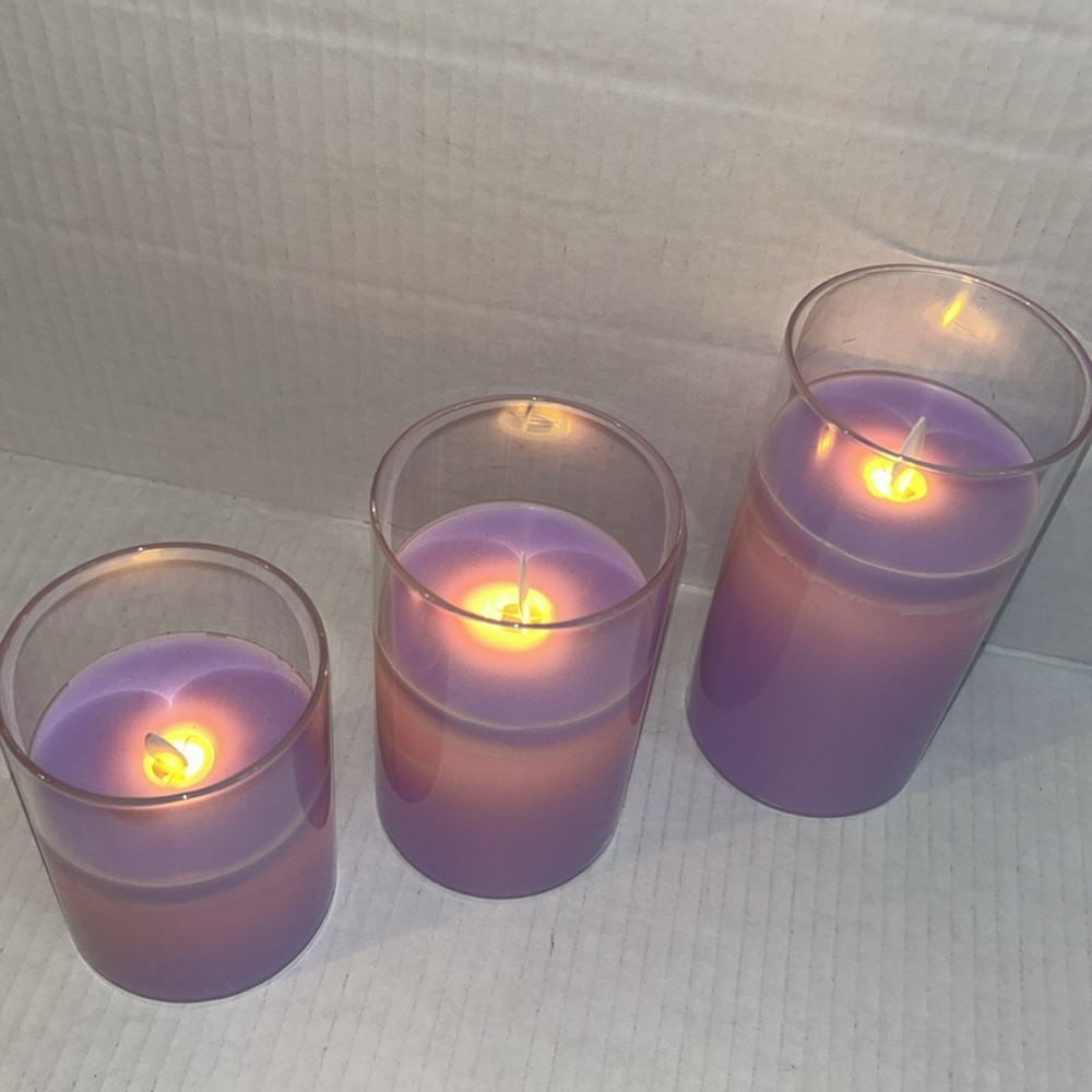 Lot of 3 Flameless LED Candles Purple Wax with Moving Wicks Battery Operated - Picture 3 of 7